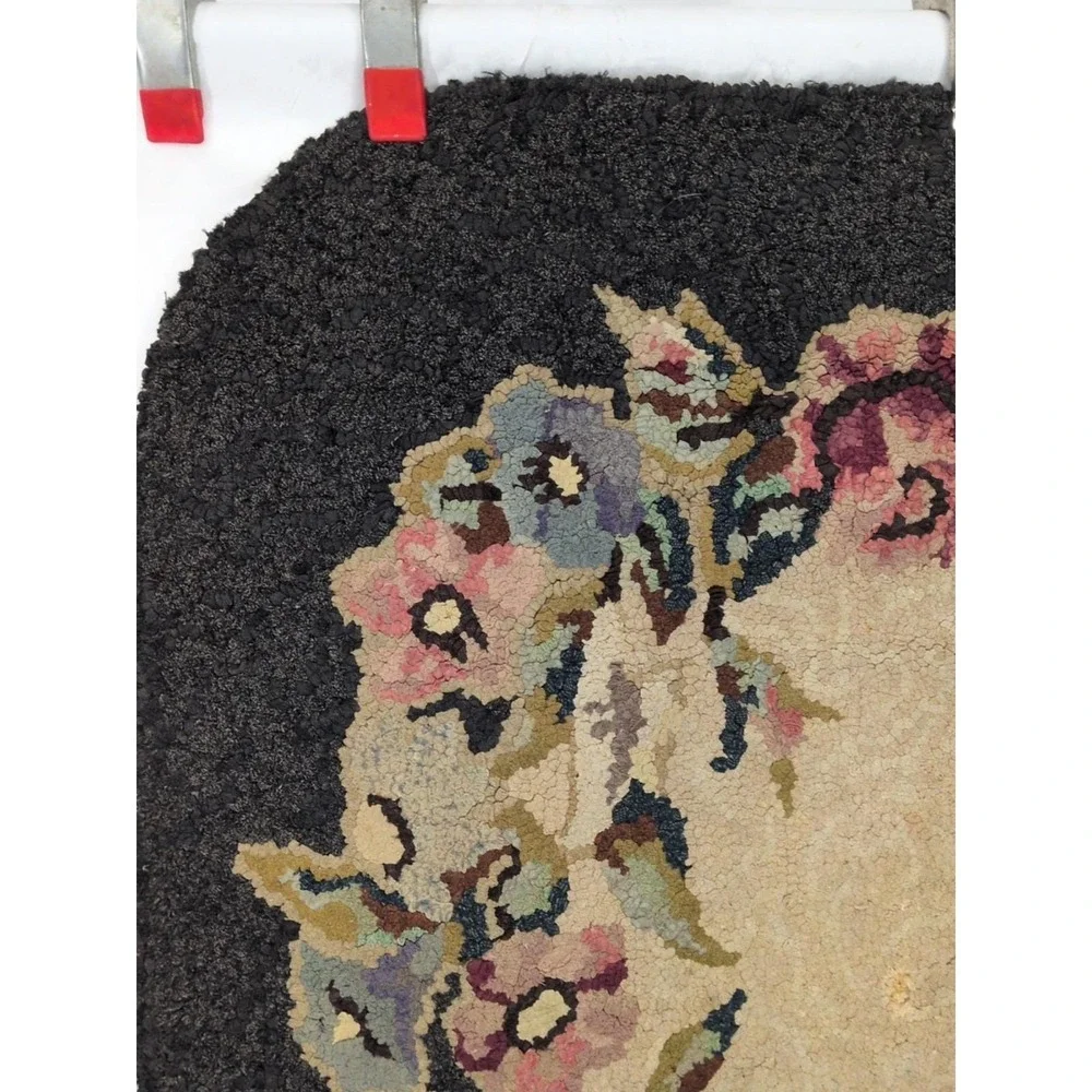 Vintage Hooked Rug Wool Early  Black Floral Pattern Oval 34